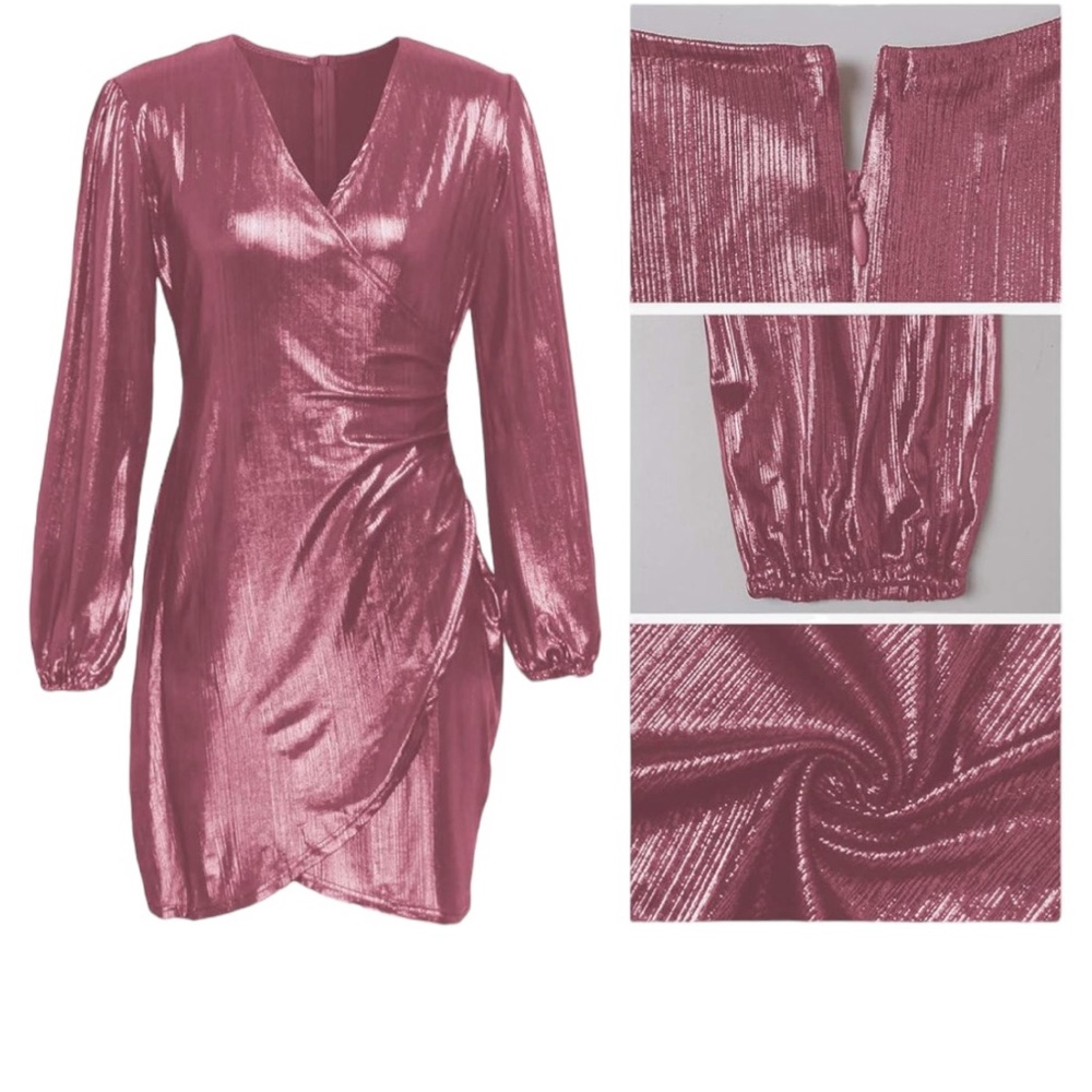 Women’s Long Sleeve Sexy Bodycon Wrap V Neck Sparkly Ruched Dress